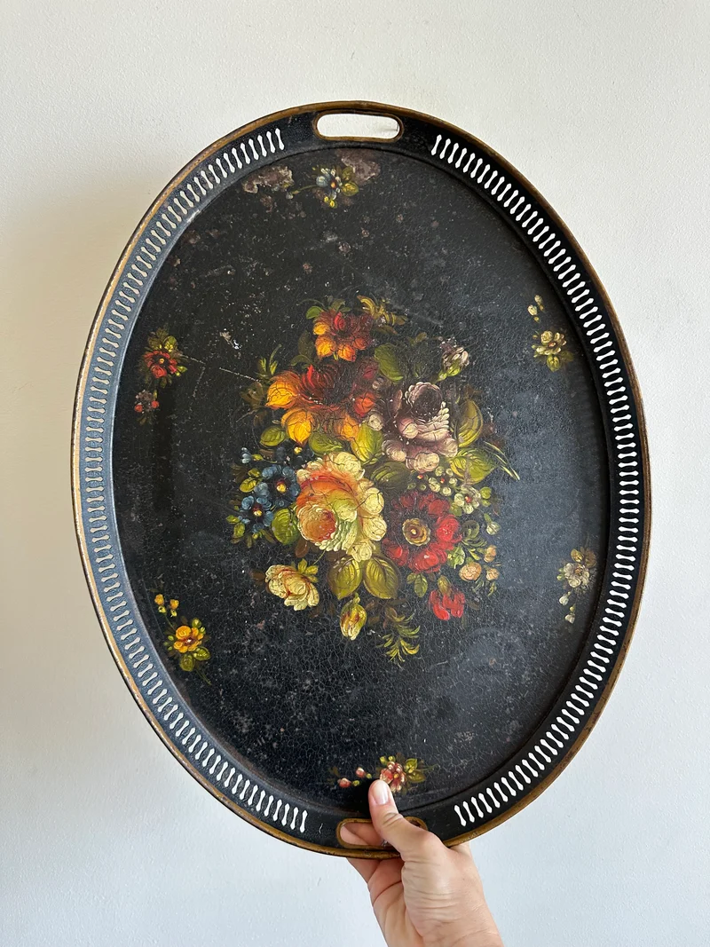 Plateau de service en métal décorations fleuries début XXème taille XL