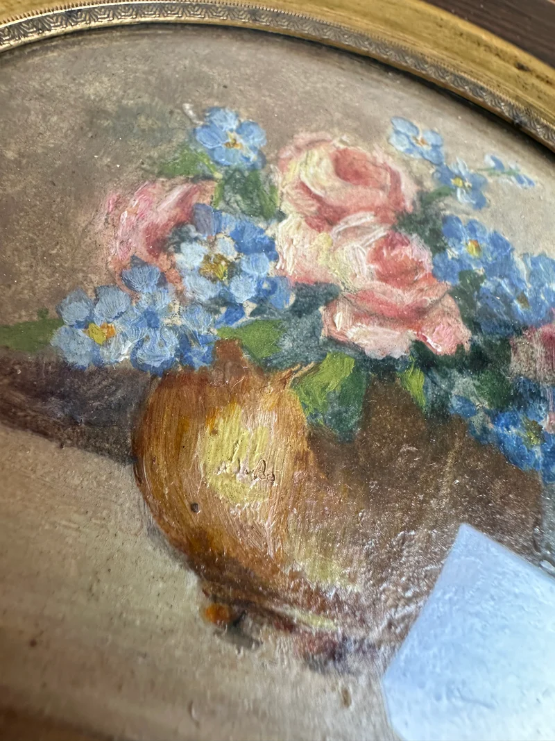 Peinture à l'huile signée dans cadre en bois ovale 19ème début XXème