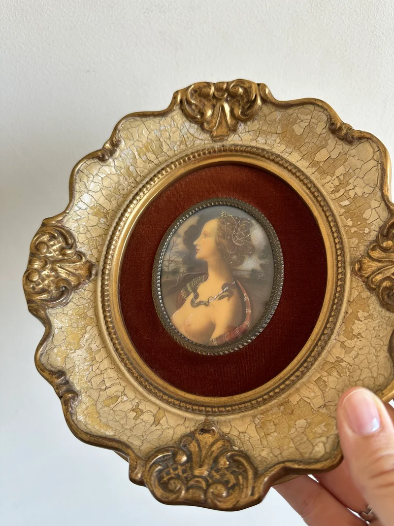 Médaillon sur velours marron glacé encadrement style baroque craquelé