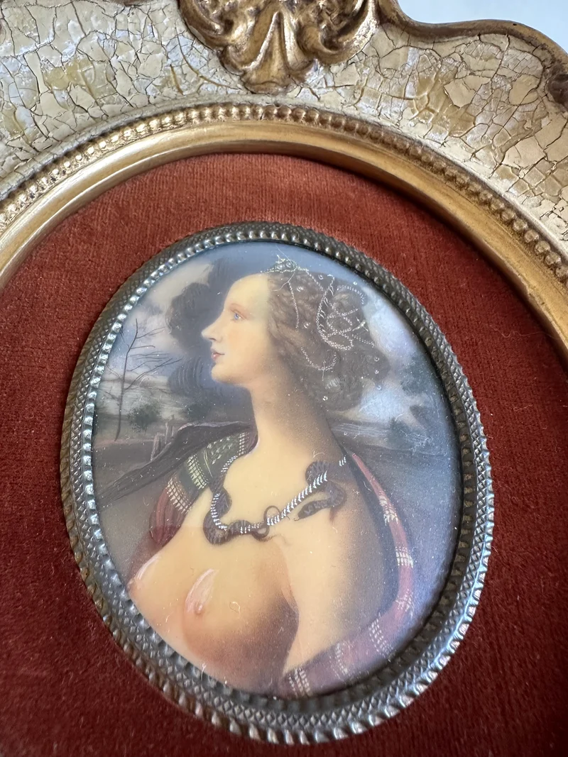 Médaillon sur velours marron glacé encadrement style baroque craquelé