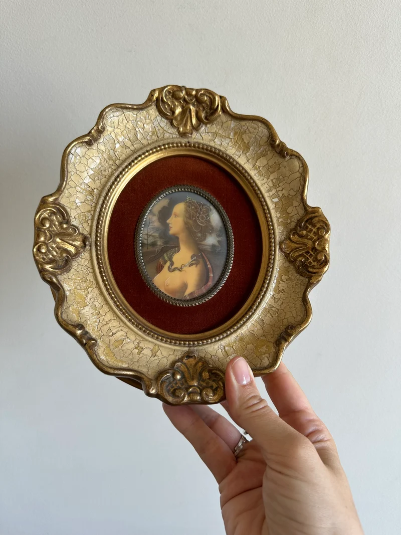 Médaillon sur velours marron glacé encadrement style baroque craquelé