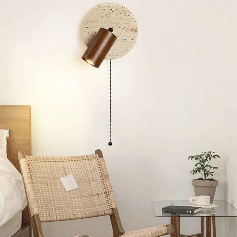 Applique Murale Marbre et Bois Rotative – Interrupteur à Cordelette