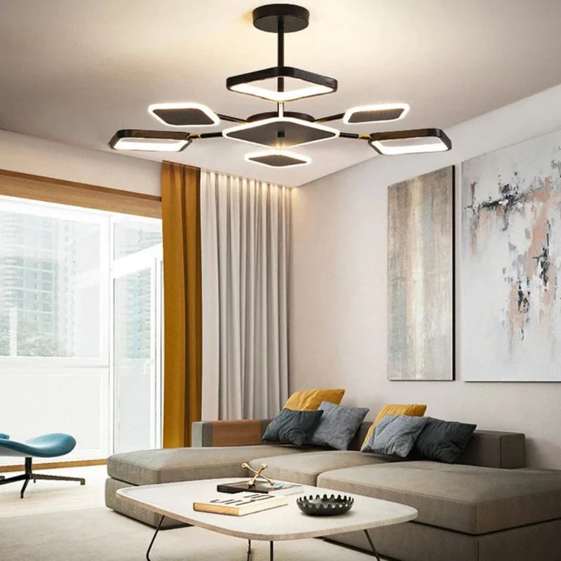 Lustre Noir et Or Géométrique – Anneaux Sculpturaux, 6 à 12 LED