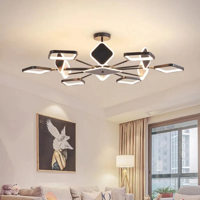 Lustre Noir et Or Géométrique – Anneaux Sculpturaux, 6 à 12 LED