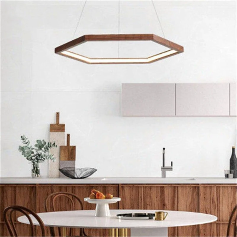 Lustre Bois Scandinave Hexagonal – Clair ou Foncé, Salon ou Bureau