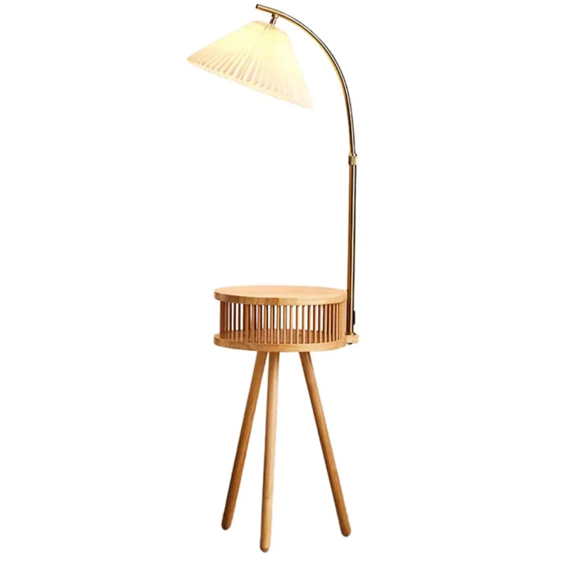 Lampadaire Tablette en Bois de Noyer – Table d'Appoint Intégrée