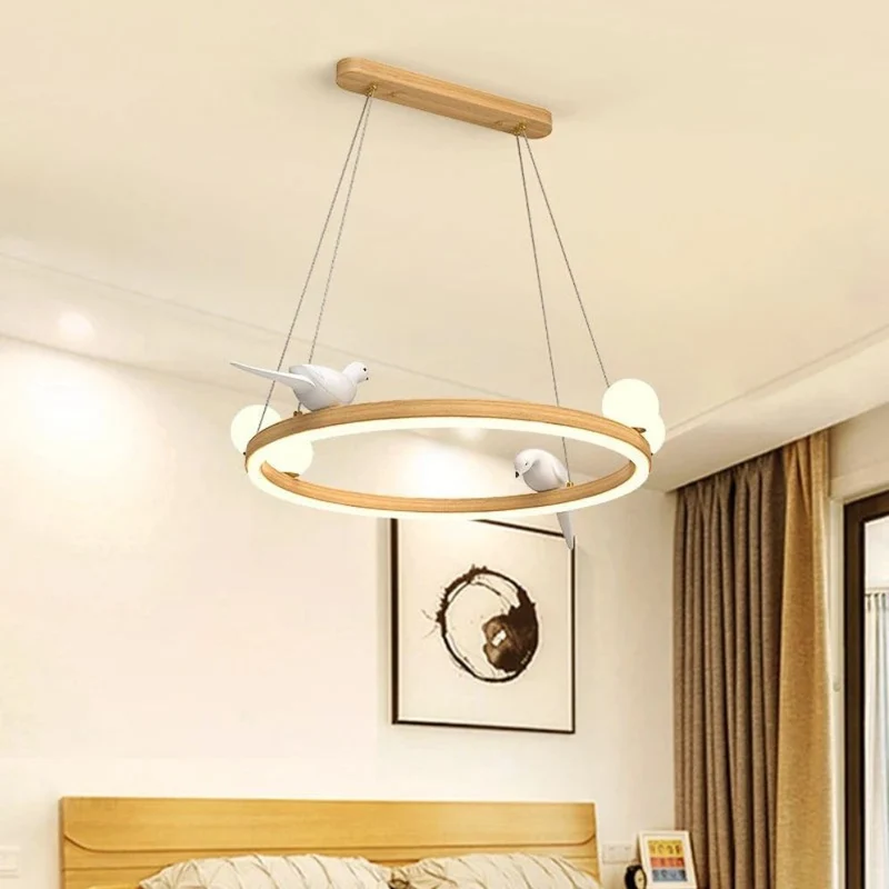 Suspension Oiseau en Bois et Céramique – Anneau Lumineux Original
