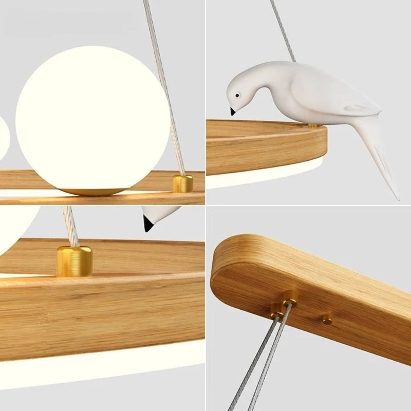 Suspension Oiseau en Bois et Céramique – Anneau Lumineux Original