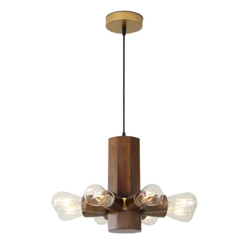 Suspension Chandelier en Bois Massif – 8 Ampoules Verre, Bois Clair ou Foncé