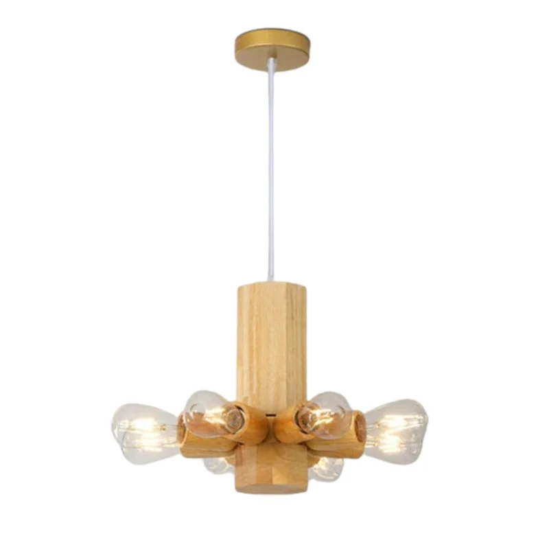 Suspension Chandelier en Bois Massif – 8 Ampoules Verre, Bois Clair ou Foncé