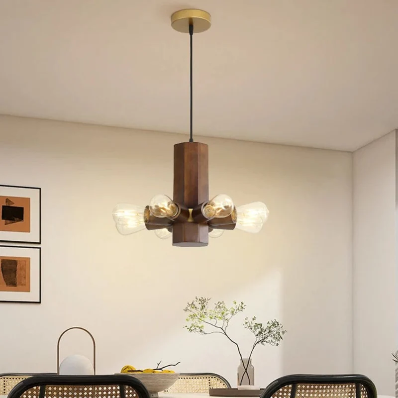 Suspension Chandelier en Bois Massif – 8 Ampoules Verre, Bois Clair ou Foncé