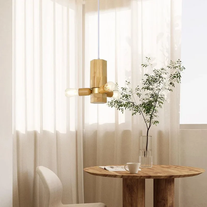 Suspension Chandelier en Bois Massif – 8 Ampoules Verre, Bois Clair ou Foncé
