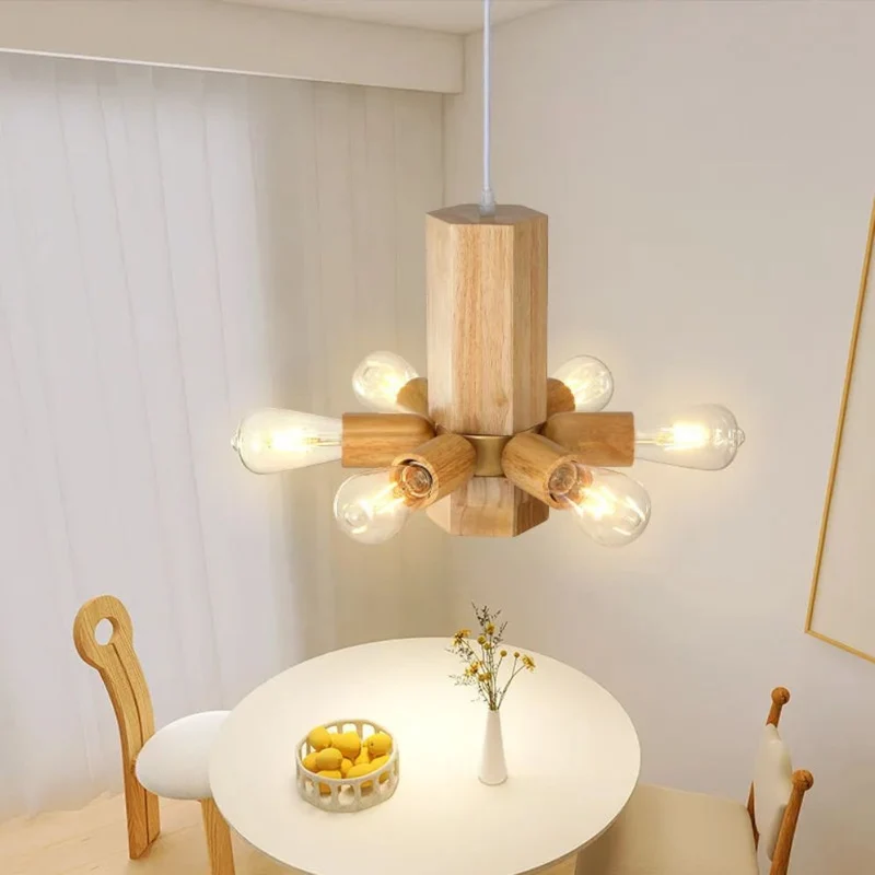 Suspension Chandelier en Bois Massif – 8 Ampoules Verre, Bois Clair ou Foncé
