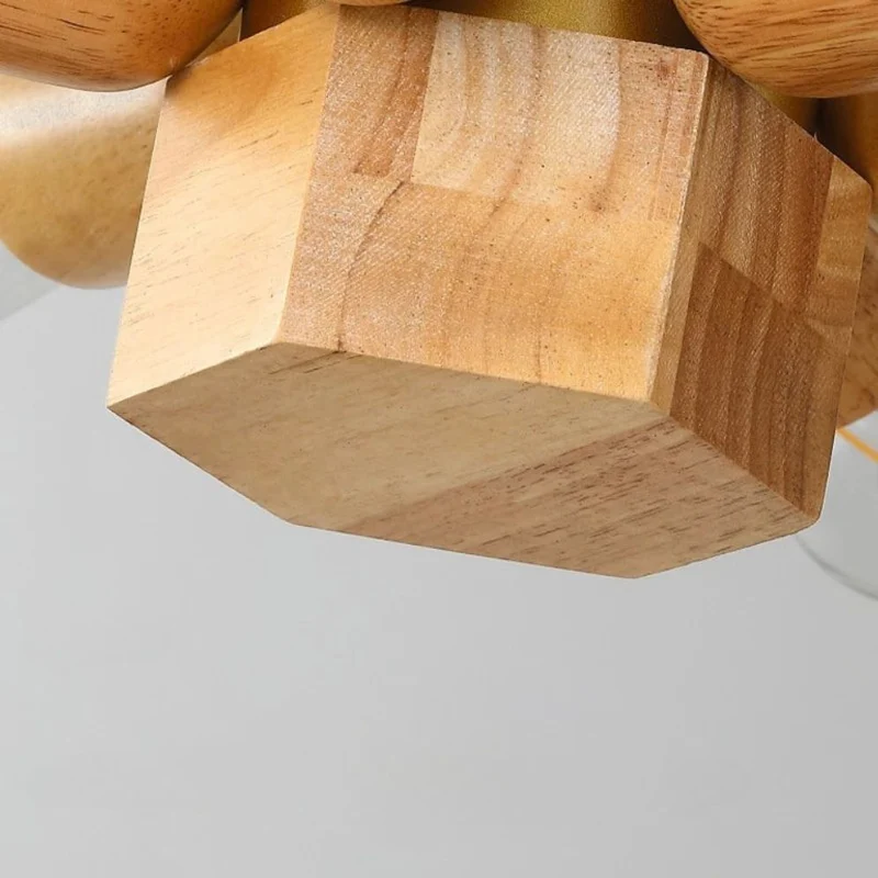 Suspension Chandelier en Bois Massif – 8 Ampoules Verre, Bois Clair ou Foncé