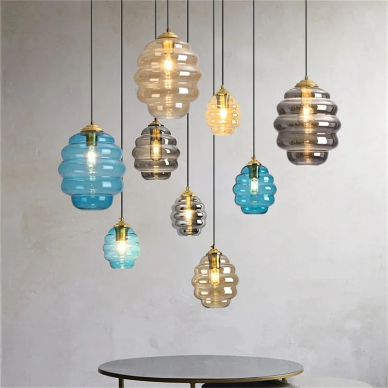 Suspension Triple Boule Verre – Bleu Ciel, Ambre ou Gris Fumé à Associer