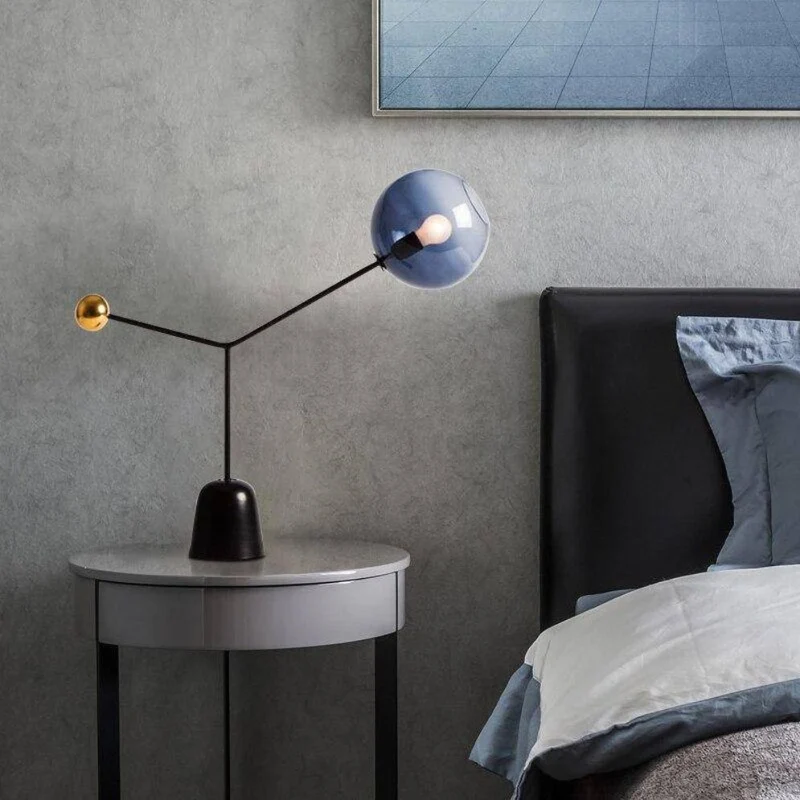 Lampe à Poser Vintage Bleutée – Verre et Marbre, Liseuse Élégante