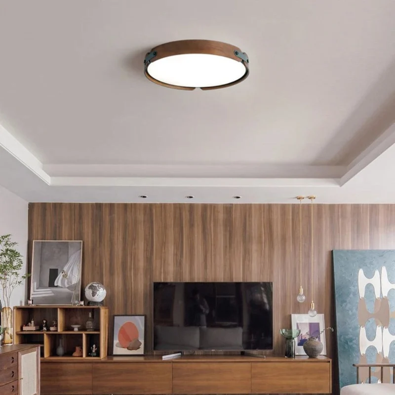 Plafonnier LED Rond en Bois de Noyer – 3 Tailles, Ambiance Apaisante