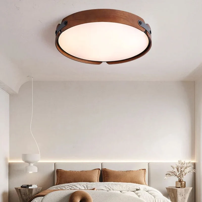 Plafonnier LED Rond en Bois de Noyer – 3 Tailles, Ambiance Apaisante