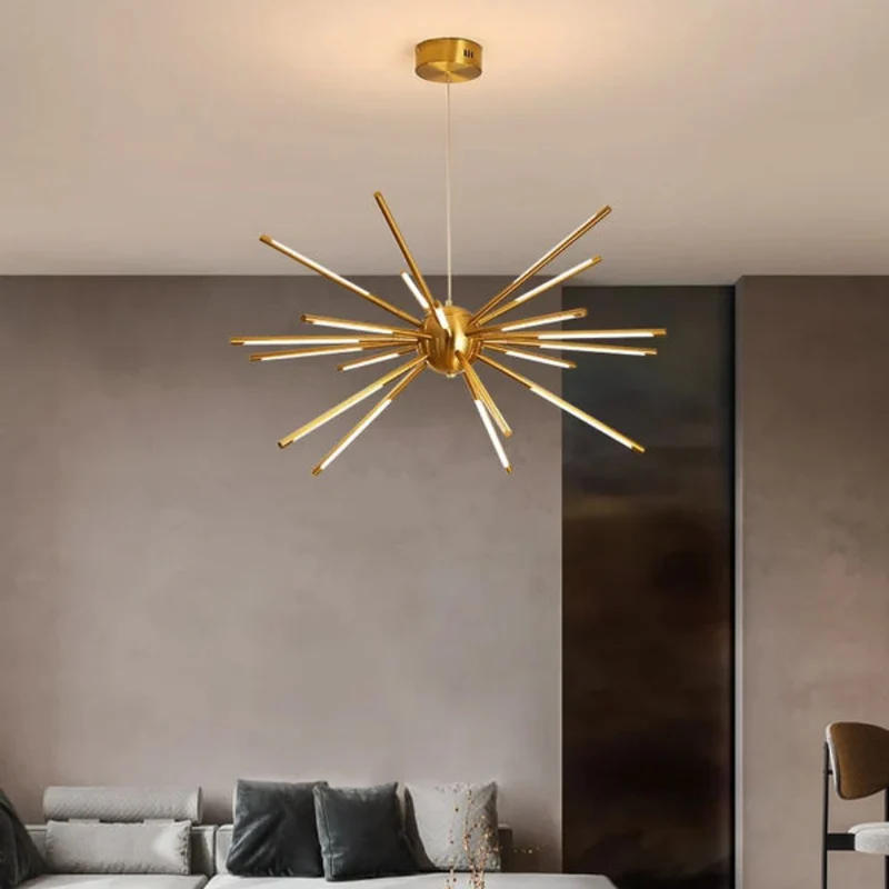 Lustre Géant à Branches Dorées – 12 ou 16 LED, Grands Espaces