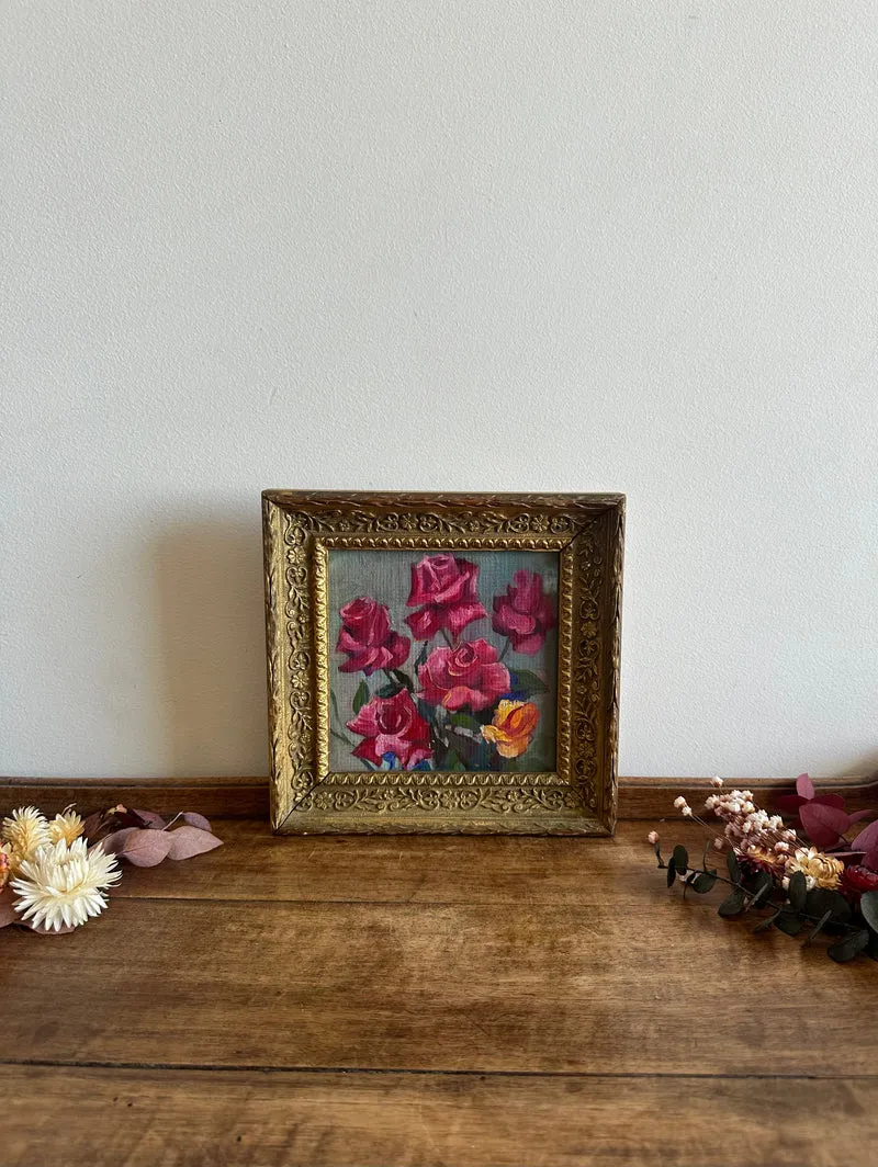 Peinture à l'huile roses sur fond gris cadre napoléon III
