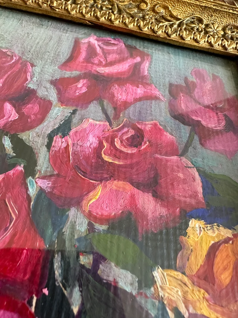 Peinture à l'huile roses sur fond gris cadre napoléon III