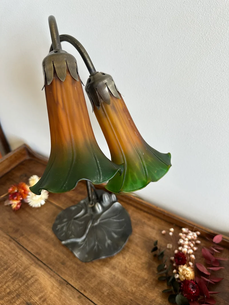 Lampe de chevet à deux têtes verre fumé vert et orange