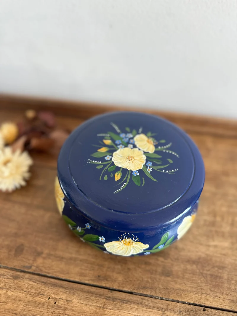 Boite en bois ronde bleue fleurs jaunes