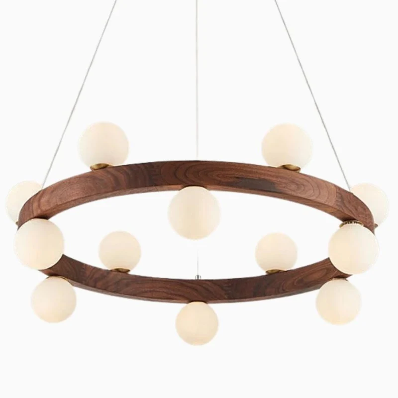 Lustre Scandinave à Anneau en Bois – Boules Verre, 3 Tailles au Choix