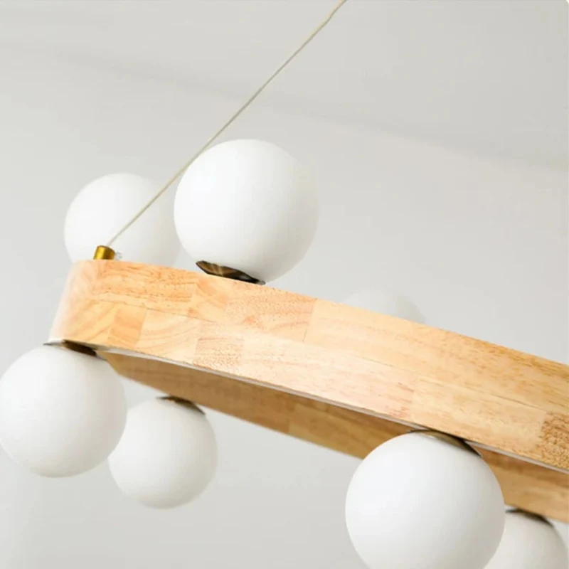 Lustre Scandinave à Anneau en Bois – Boules Verre, 3 Tailles au Choix