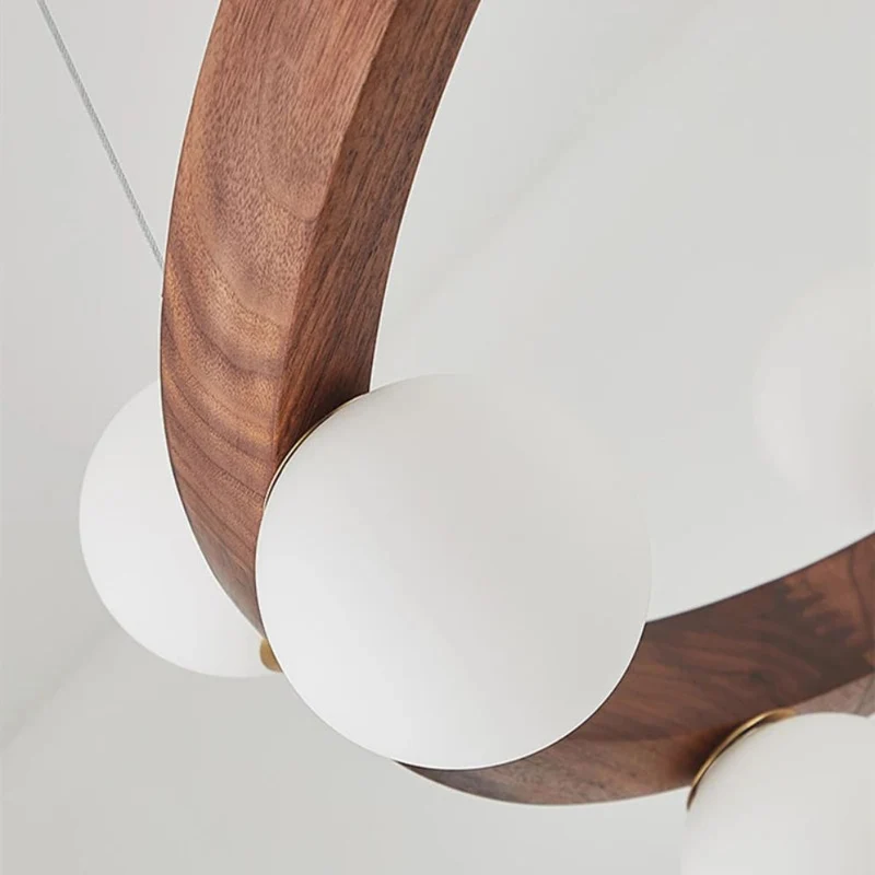 Lustre Scandinave à Anneau en Bois – Boules Verre, 3 Tailles au Choix