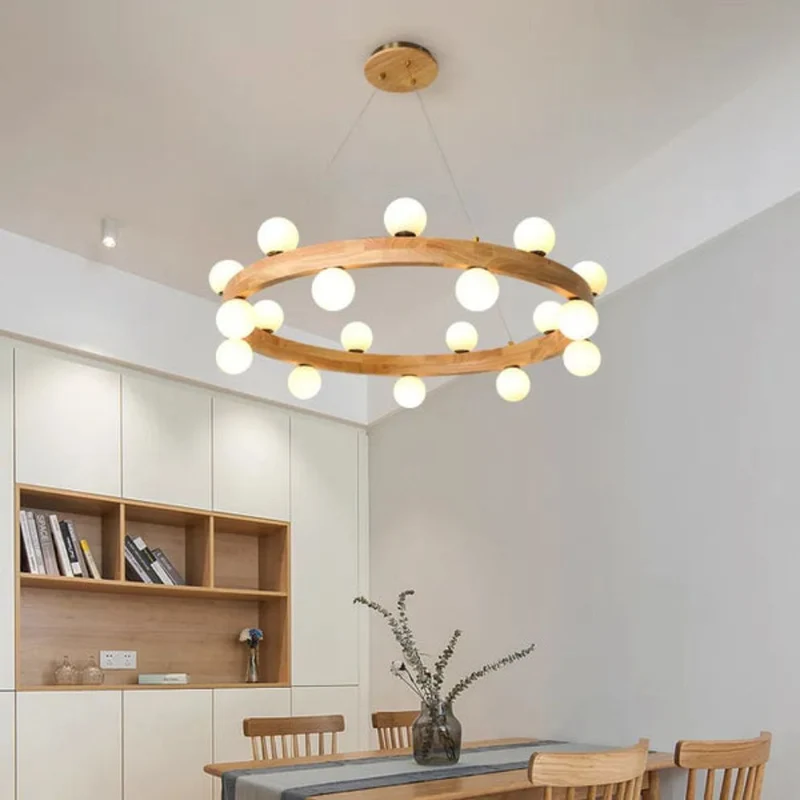 Lustre Scandinave à Anneau en Bois – Boules Verre, 3 Tailles au Choix