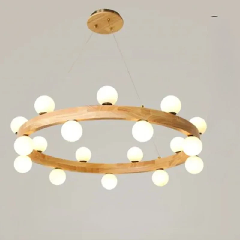 Lustre Scandinave à Anneau en Bois – Boules Verre, 3 Tailles au Choix