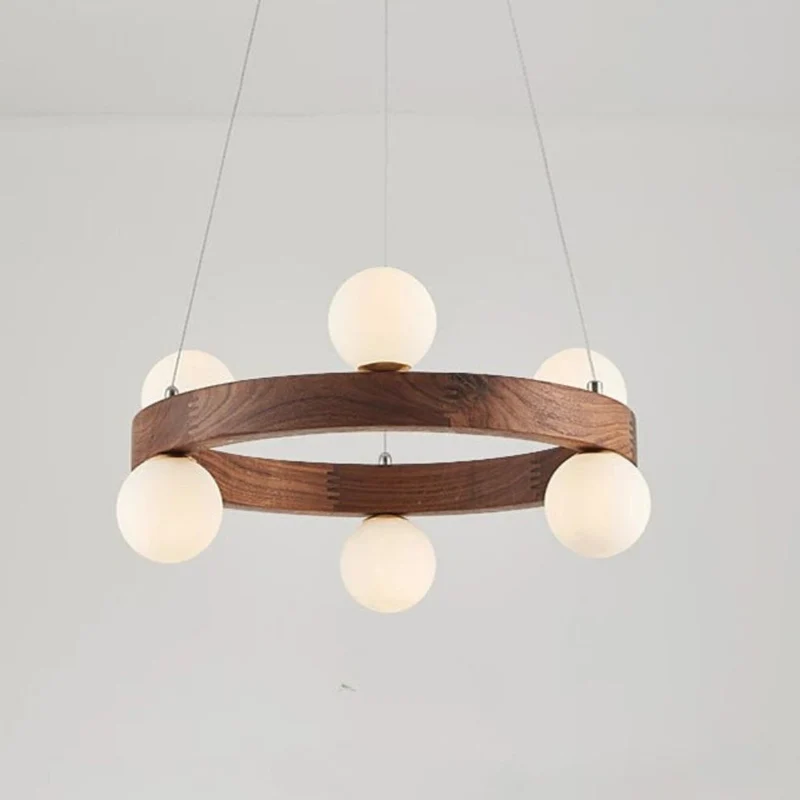 Lustre Scandinave à Anneau en Bois – Boules Verre, 3 Tailles au Choix