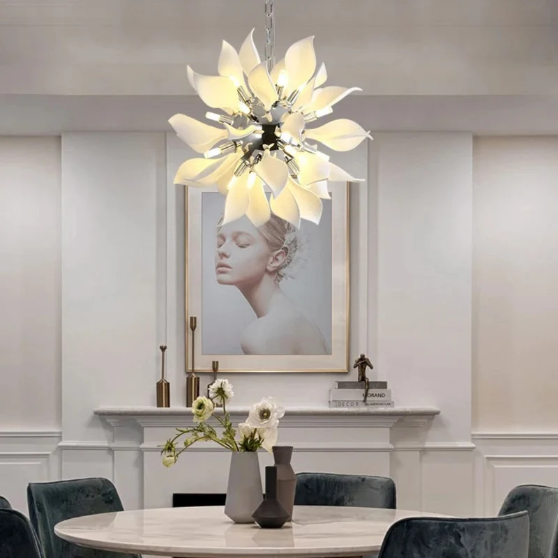 Lustre de Salon Fleurs Blanches en Céramique – Élégance Intemporelle