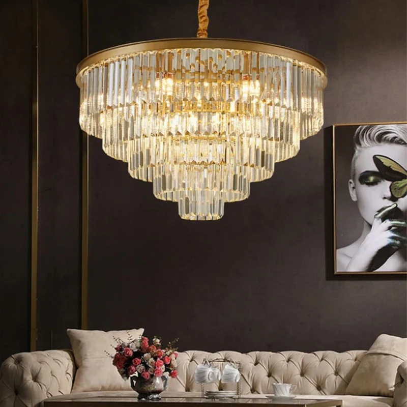 Lustre Salon Doré à Étages Cristal – Hauteur Sous Plafond Min. 2,50m