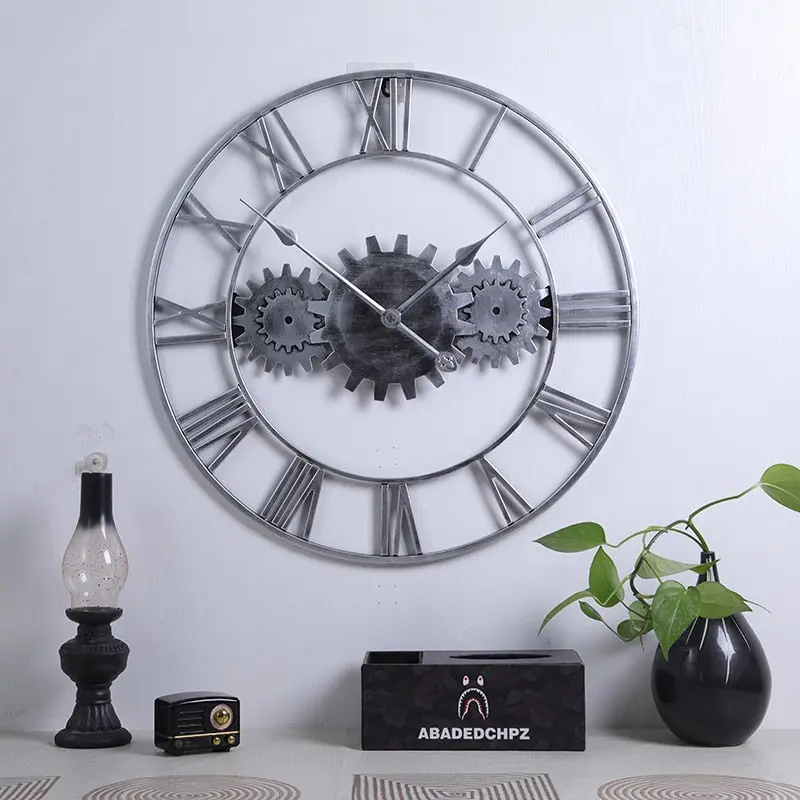 Horloge Industrielle Triple Engrenage Argent