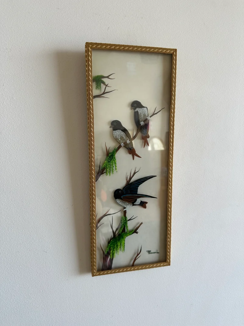 Peinture sur planche de verre oiseaux sur leurs branches
