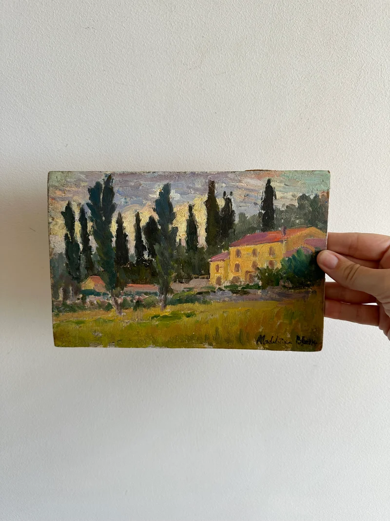 Paysage de campagne peint sur planche