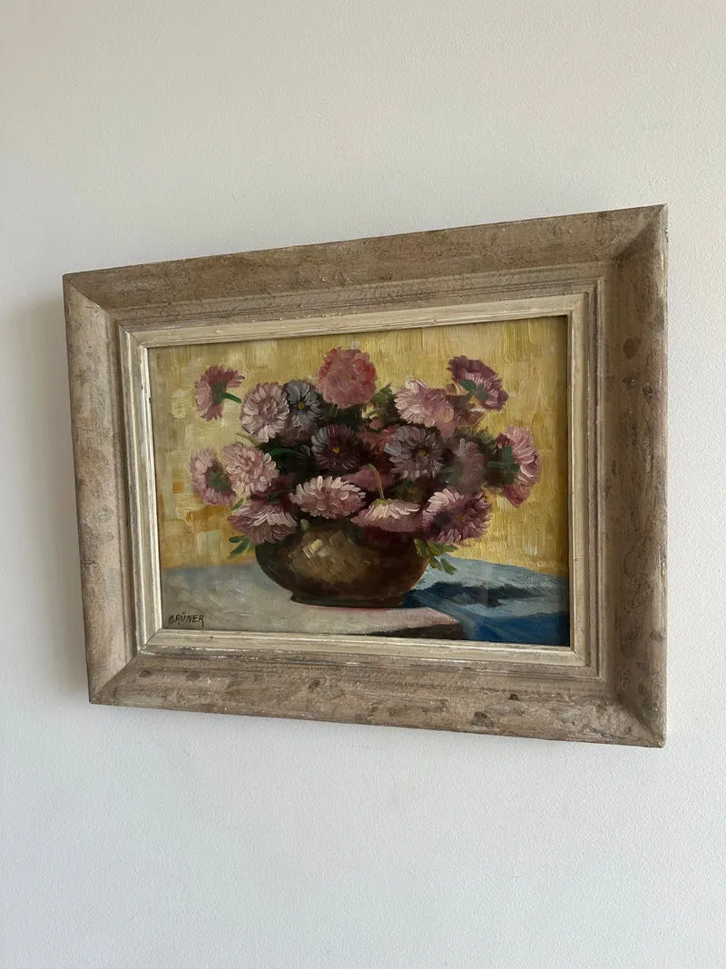Peinture signée Gruner bouquet de fleurs mauves sur toile