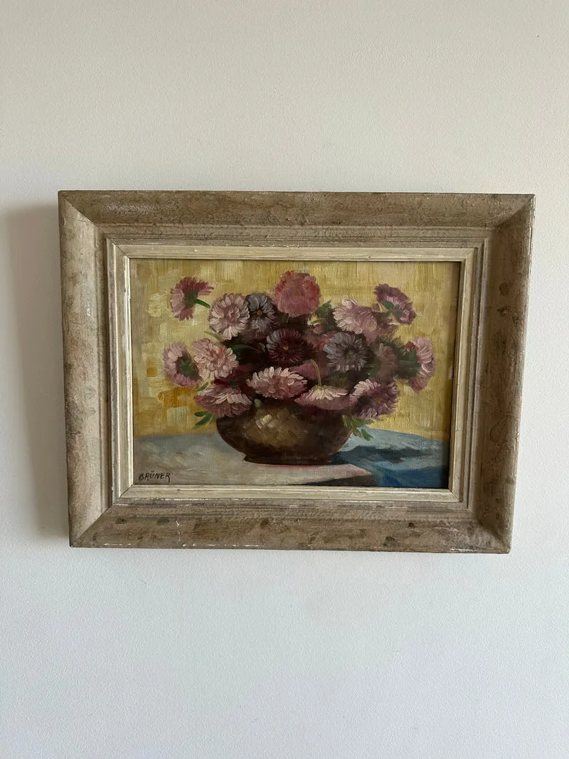 Peinture signée Gruner bouquet de fleurs mauves sur toile