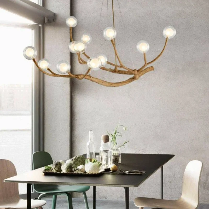 Lustre Naturel en Bois et Verre – Arbre à Boules LED, 8 à 16 Lumières