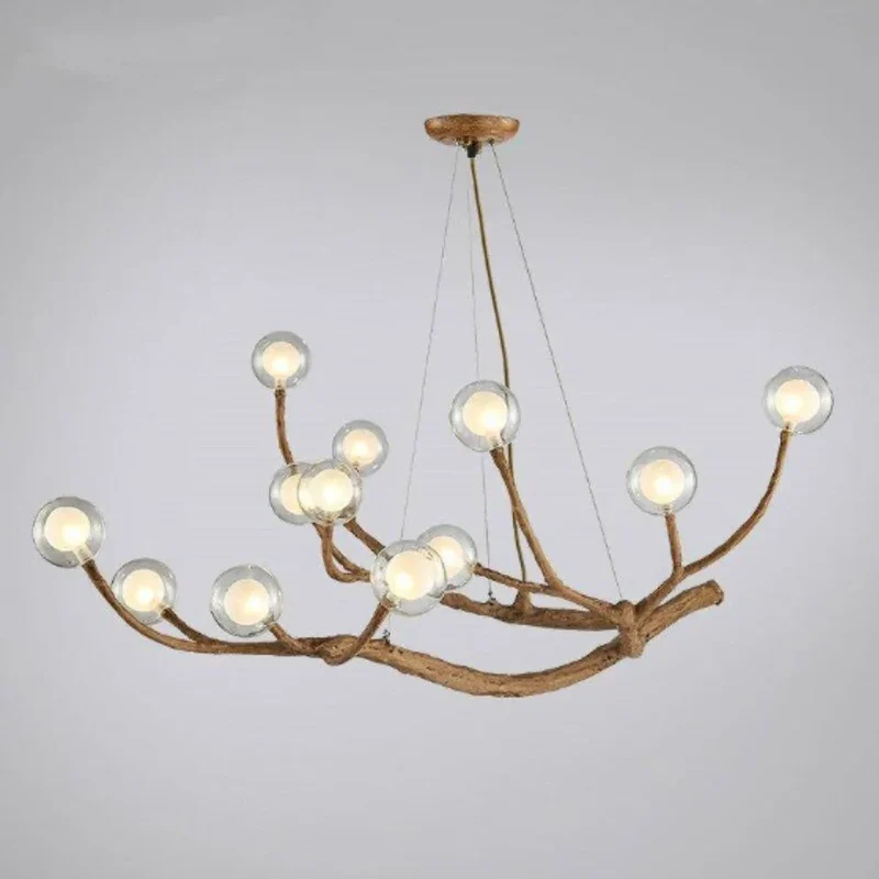Lustre Naturel en Bois et Verre – Arbre à Boules LED, 8 à 16 Lumières