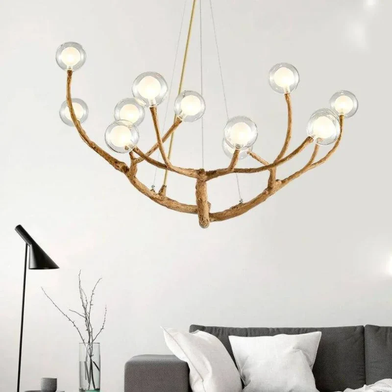 Lustre Naturel en Bois et Verre – Arbre à Boules LED, 8 à 16 Lumières
