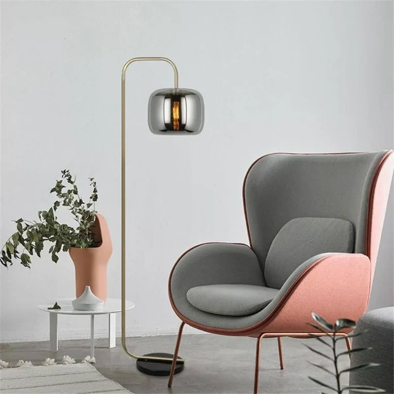 Lampadaire Bureau Verre Fumé et Doré – Éclairage Courbé Harmonieux