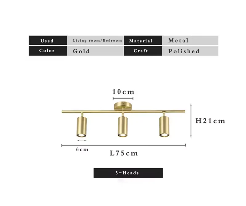 Rails Spots Aluminium Doré – 2 ou 3 Têtes Rotatives, Tête de Lit