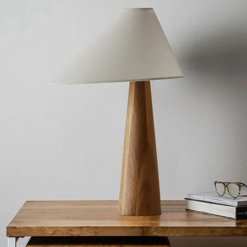 Lampe de Chevet avec Abat-Jour en Tissu et Pied en Bois