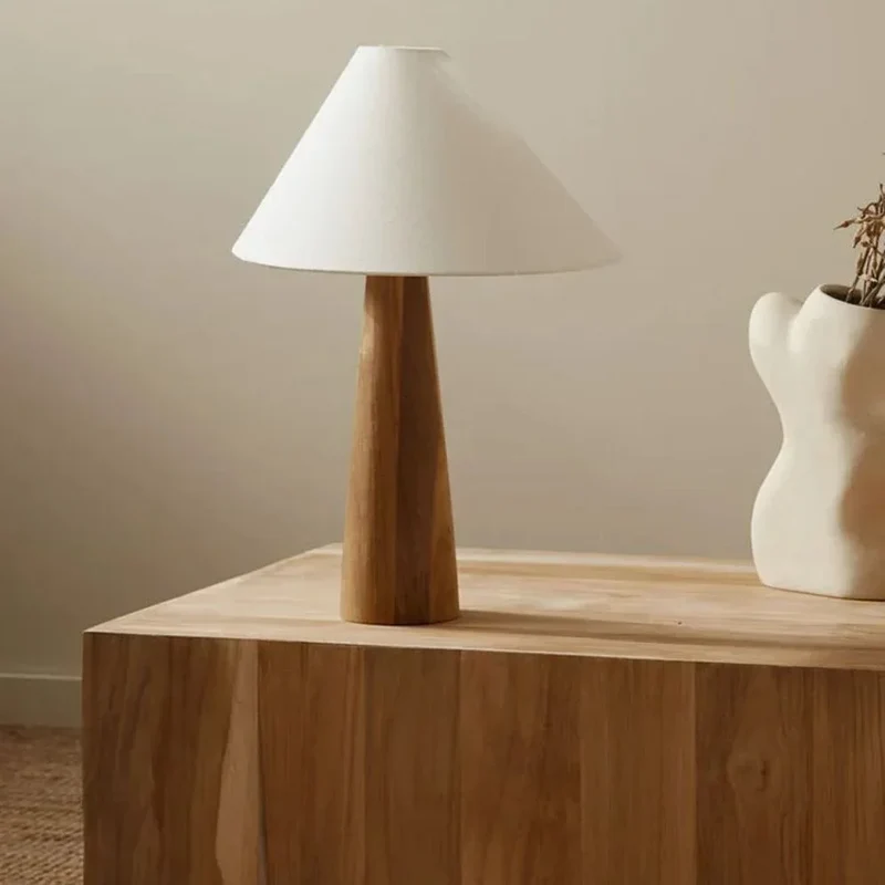 Lampe de Chevet avec Abat-Jour en Tissu et Pied en Bois