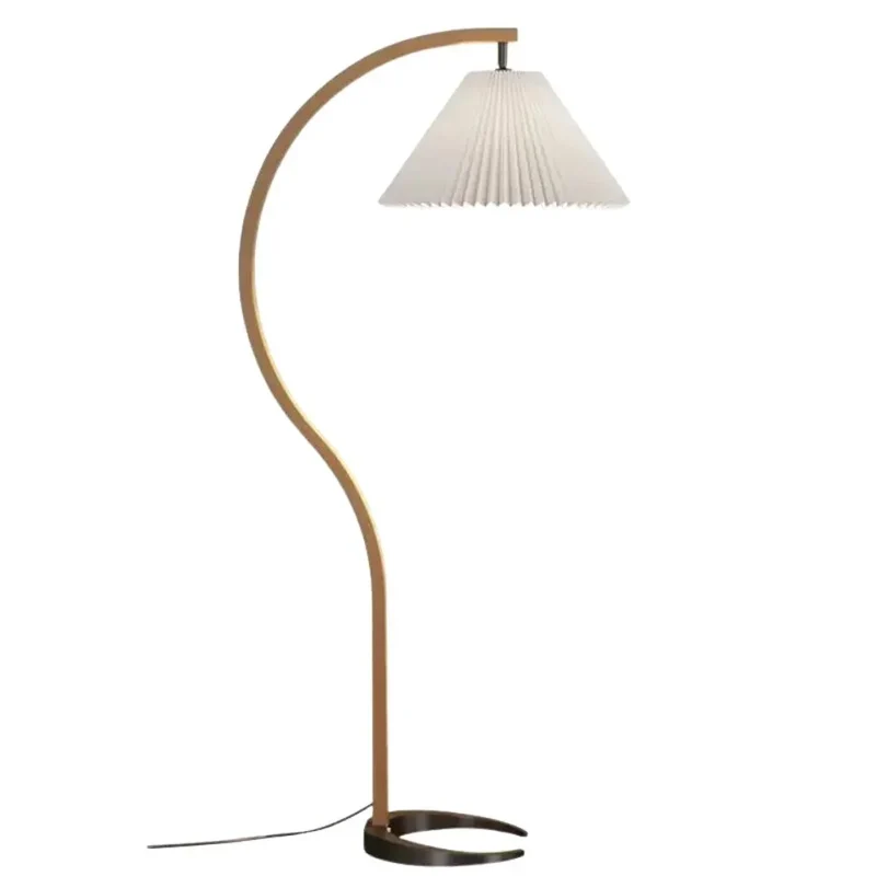 Lampadaire Arqué en Bois et Tissu Plissé – Style Vintage Élégant