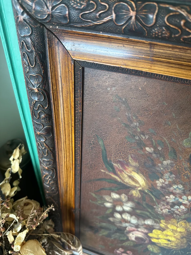 Peinture sur toile bouquet de fleurs encadrée signée années 1900 taille XL