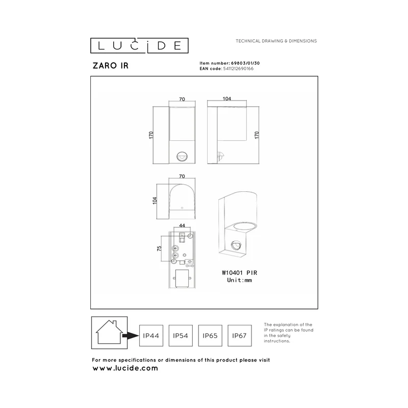 Lucide Zaro Outdoor Wall Light with Full-Range Sensor